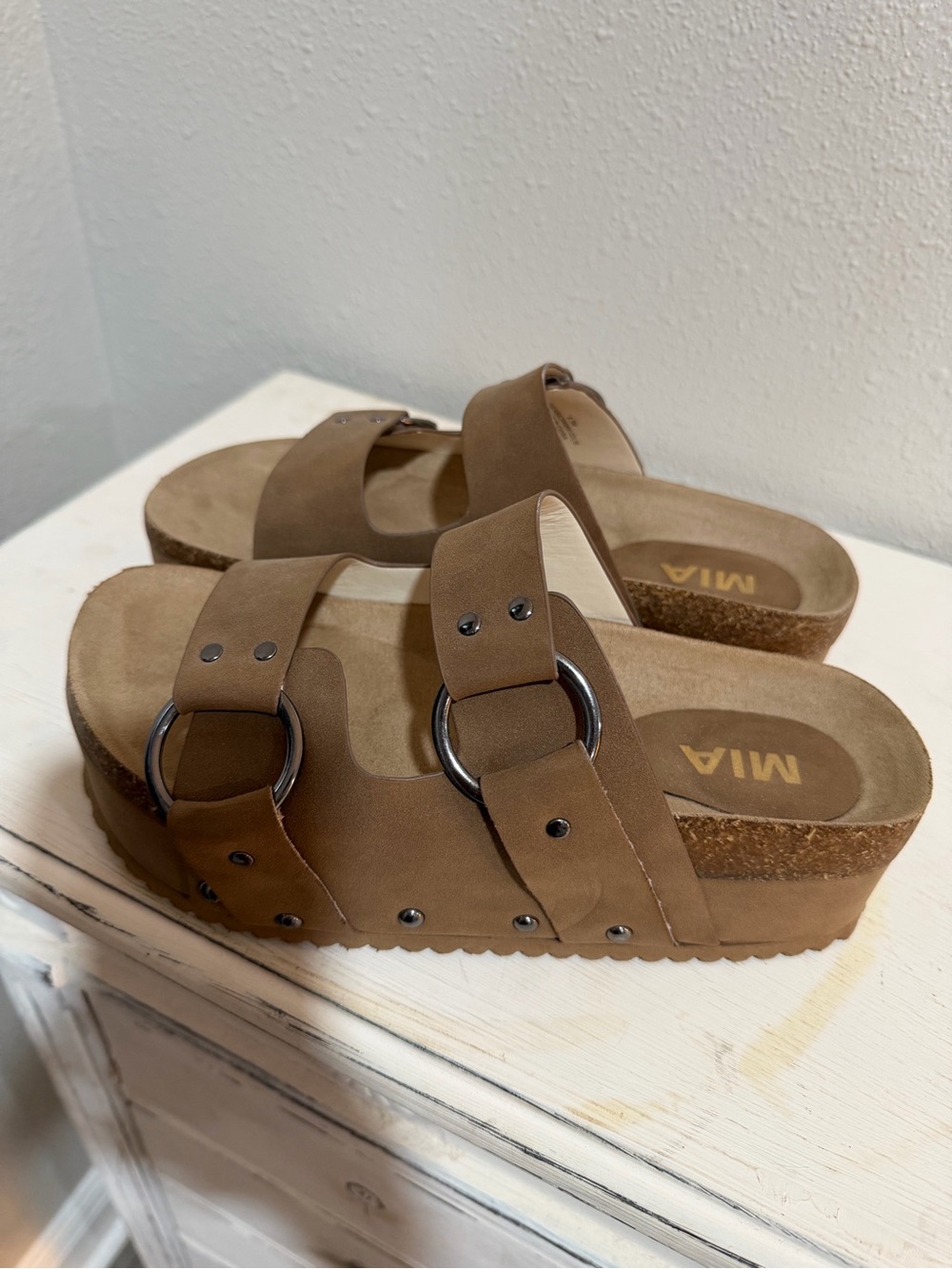 MIA Tan Double-Buckle Cork Platform Clogs